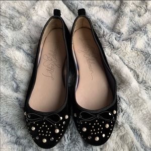Velvet pearl studded bow flats 10